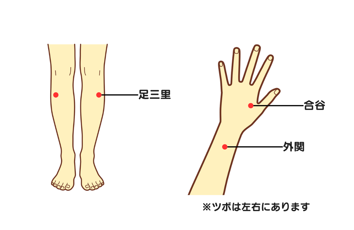 足三里、合谷、外関の場所の図
